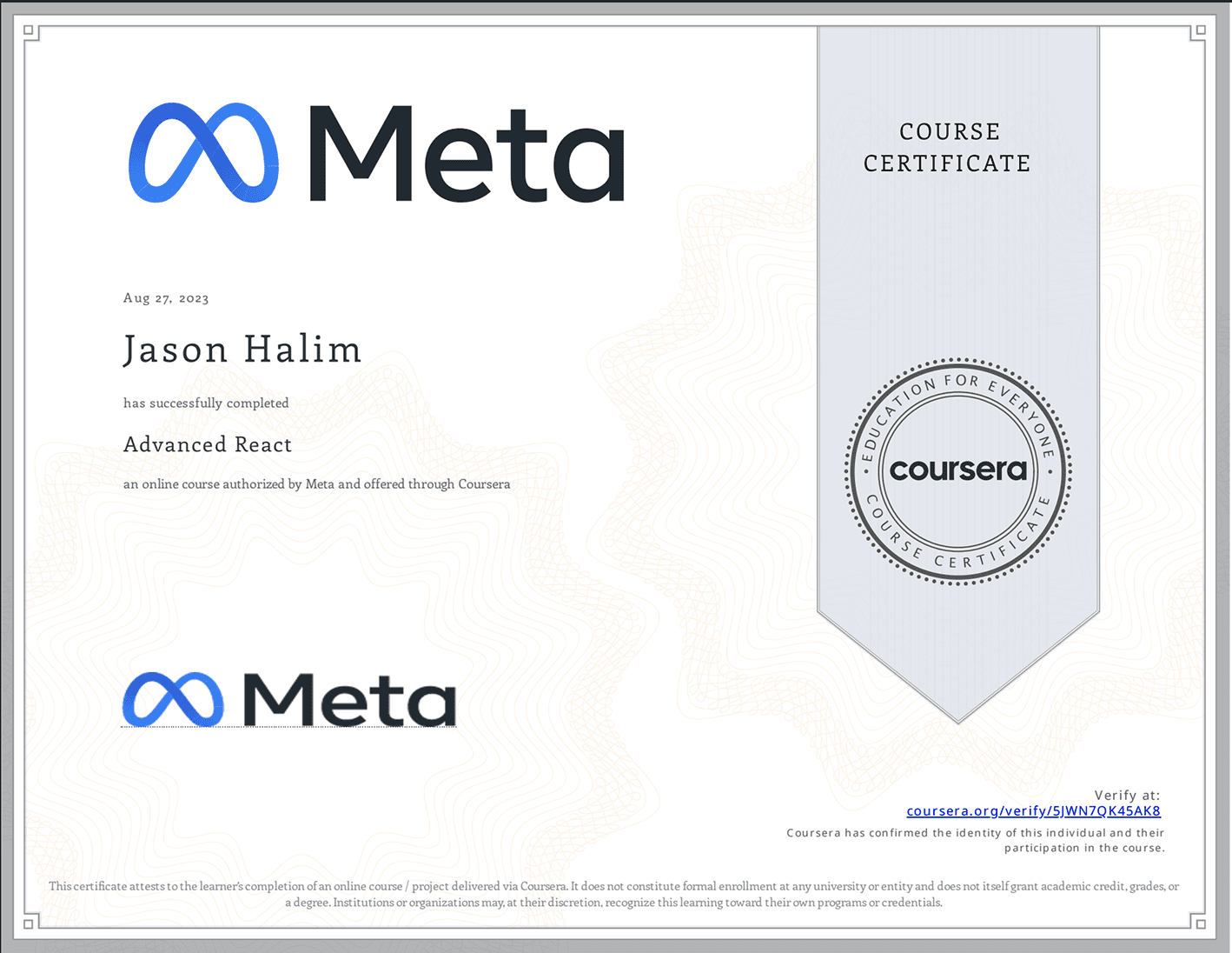 Meta certificate