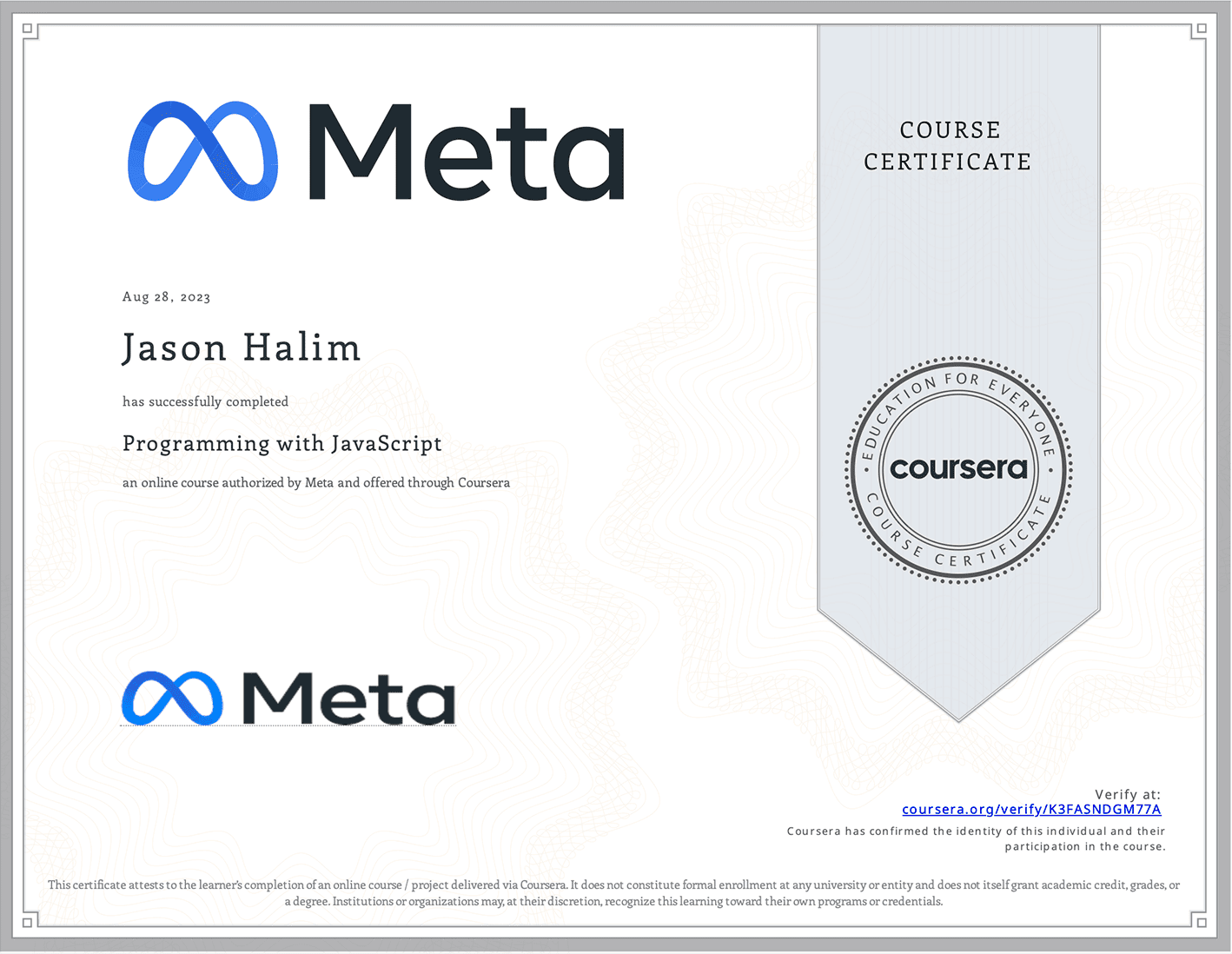 Meta certificate